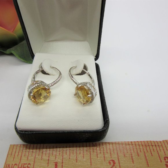 New in Box, Sterling Silver 925 Citrine and Clear Rhinestones Dangle Earrings - Picture 3 of 4